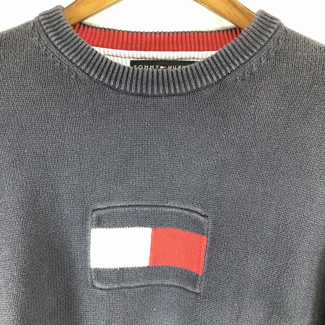 TOMMY HILFIGER(トミーヒルフィガー)のTOMMY HILFIGER トミーヒルフィガー ロゴ コットンセーター 防寒  アメカジ ネイビー (メンズ L) 中古 古着 P0319 メンズのトップス(ニット/セーター)の商品写真