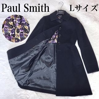 ポールスミス(Paul Smith)の極美品 Paul Smith Lサイズ 花柄 ウール ロングコート ブラック 黒(ロングコート)