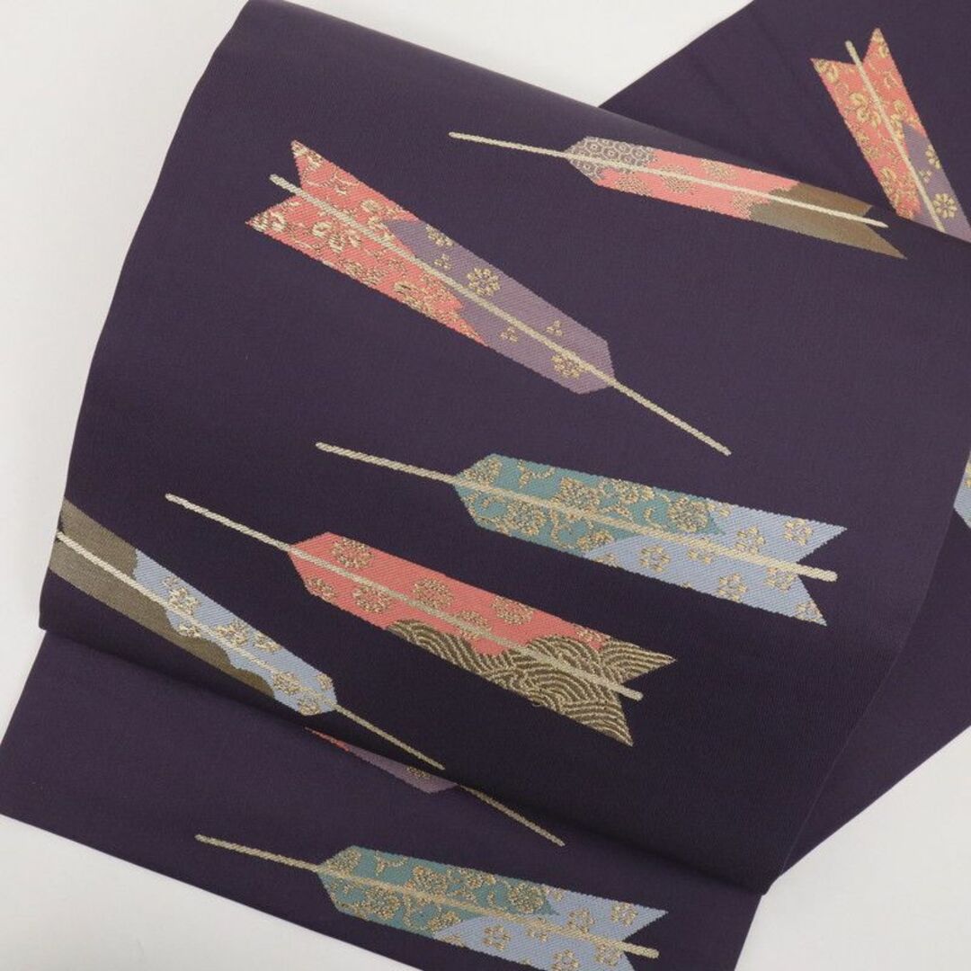 名古屋帯 扇子　紫色　パープル　額縁開き仕立て　正絹　和装着物 10NP5四の三