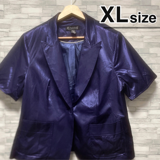 レディース　テーラードジャケット　半袖　XL　ネイビー　紺　光沢　USA古着(テーラードジャケット)