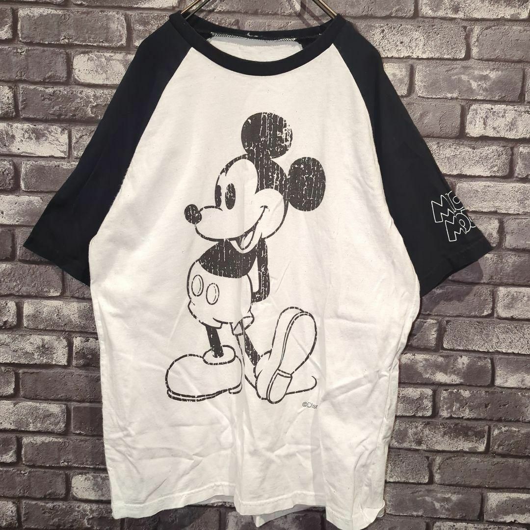 Disney(ディズニー)の90s古着ラグランTシャツ ビンテージミッキー古着 白黒 プリント割れディズニー メンズのトップス(Tシャツ/カットソー(半袖/袖なし))の商品写真