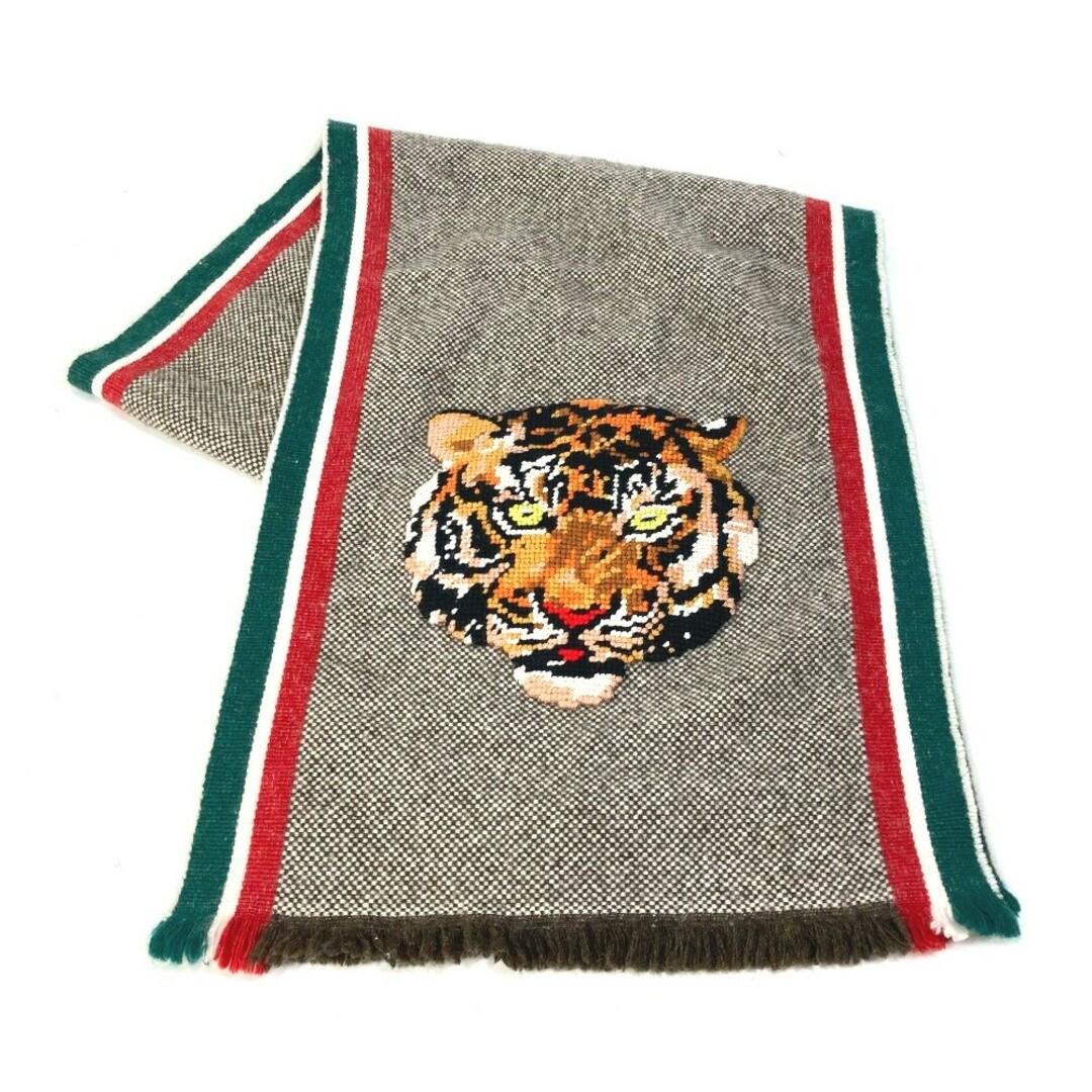 Gucci(グッチ)のグッチ GUCCI タイガー 刺繍 フリンジ シェリーライン マフラー ウール ブラウン メンズのファッション小物(マフラー)の商品写真