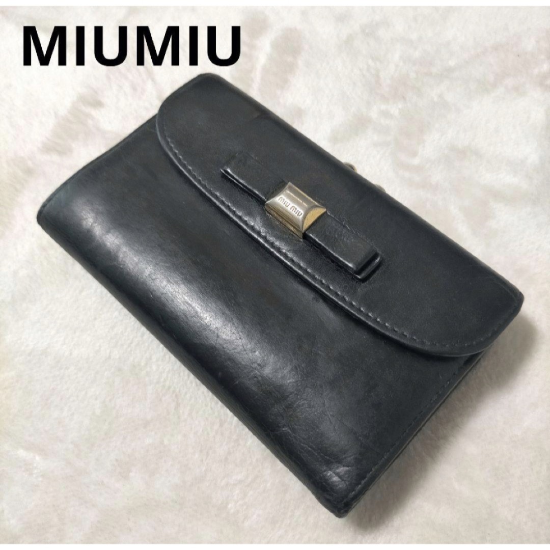 miumiu - ミュウミュウ MIUMIU 折財布 がま口 ブラック 黒 リボン付き ...