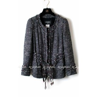 シャネル(CHANEL)の超美品 シャネル CHANEL ネイビー・ドレイプ・ノーカラー・ツイード・ジャケット 48(ノーカラージャケット)