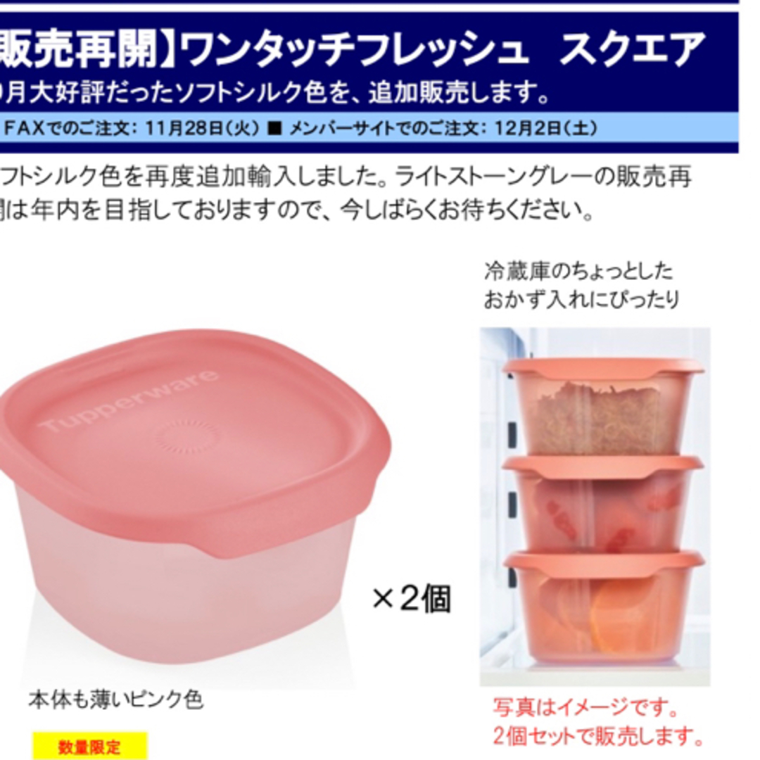 タッパーウェア、ワンタッチフレッシュスクエア2個 インテリア/住まい/日用品のキッチン/食器(容器)の商品写真