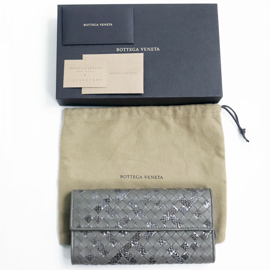 極美品●BOTTEGA VENETA ボッテガヴェネタ イントレチャート レザー×パイソン ロングウォレット/長財布 グレー イタリア製 箱・保存袋付き