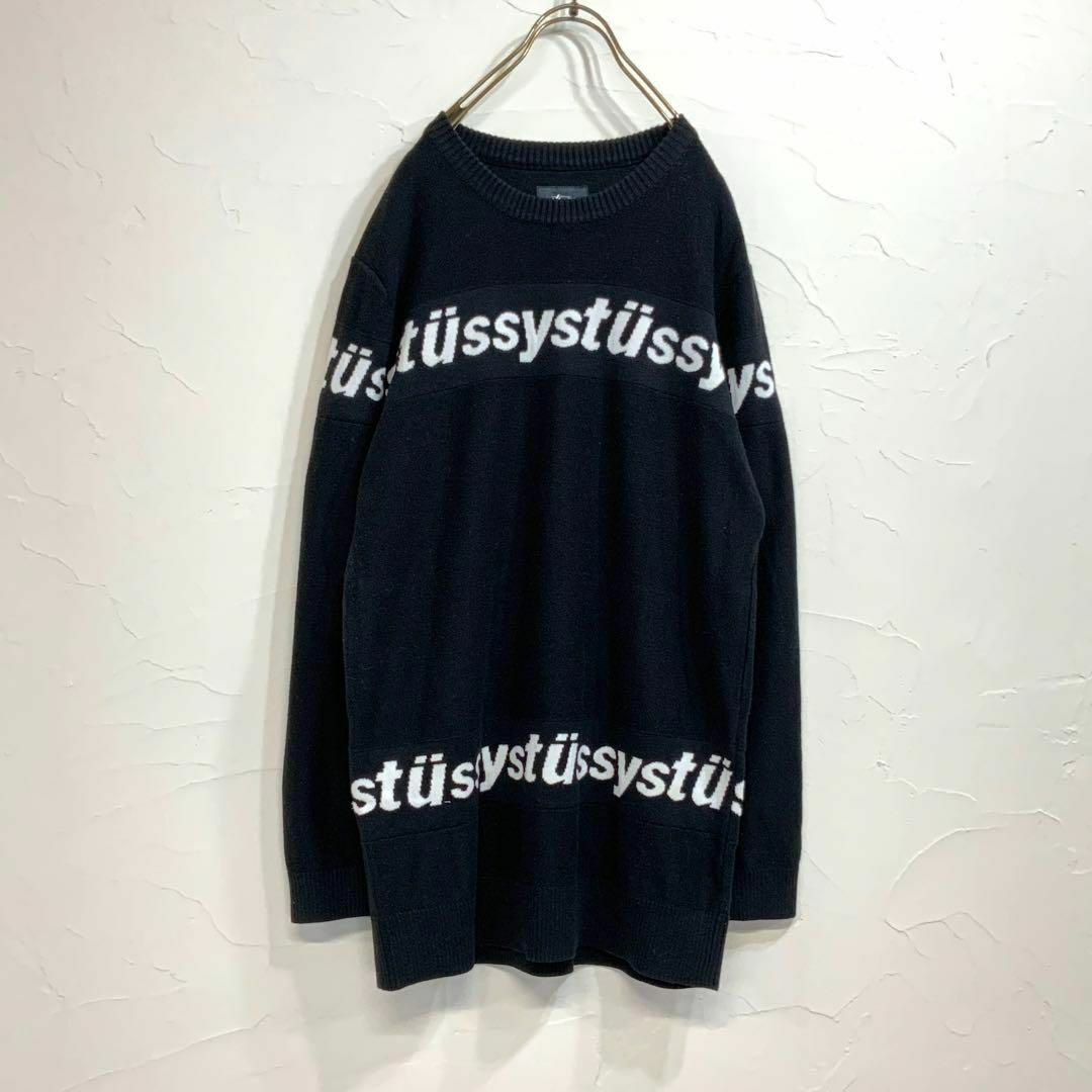 STUSSY(ステューシー)の美品 STUSSY ステューシー ロゴボーダー コットンニット ブラック レディースのトップス(ニット/セーター)の商品写真