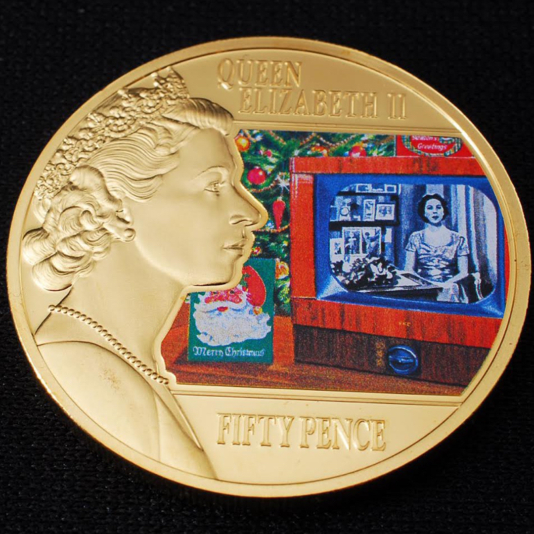 英国　ガーンジー島公式真正証明書付きエリザベス女王戴冠50ペンス純金鍍金銅貨