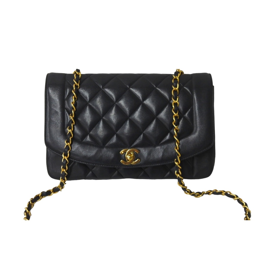 極美品 CHANEL シャネル ショルダーバッグ ダイアナ 25 2番台 ラムスキン ブラック ゴールド金具 中古 56888