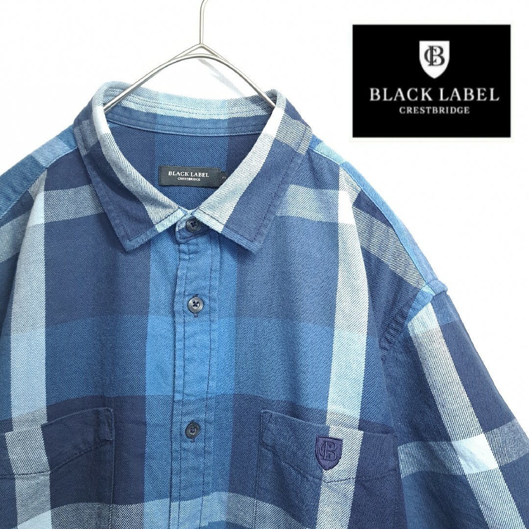 【人気】ブラックレーベルクレストブリッジ 厚手 半袖 シャツ チェック柄 青 Lシャツ