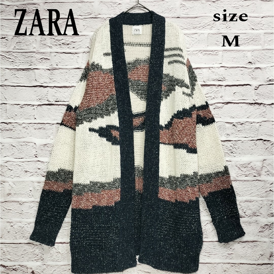 ZARA(ザラ)の【ボタンレス】ザラ ZARA ミドル丈 総柄 ローゲージニット カーディガン メンズのトップス(カーディガン)の商品写真