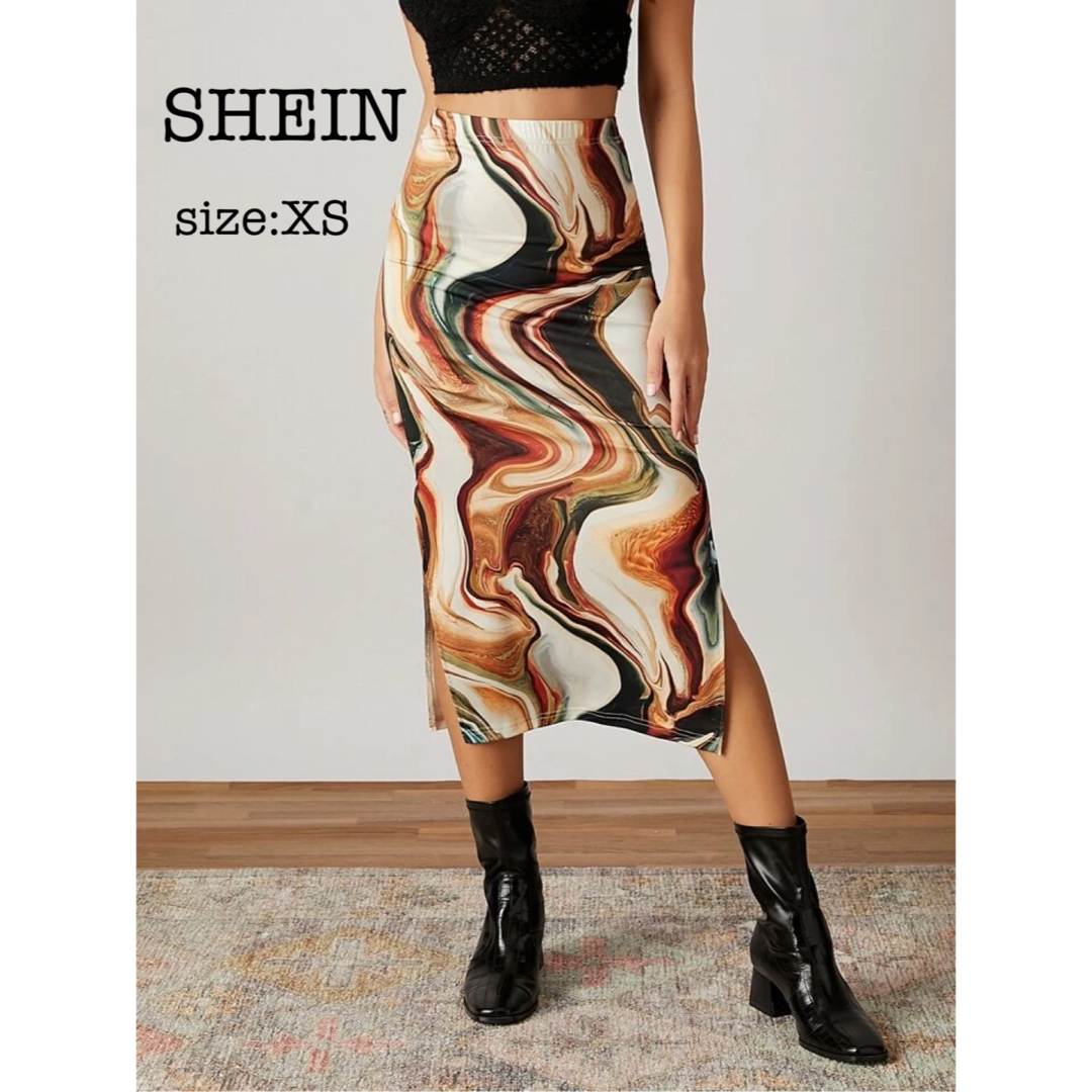 SHEIN BAE 大理石プリント スプリットヘムスカート XSサイズ レディースのスカート(ロングスカート)の商品写真