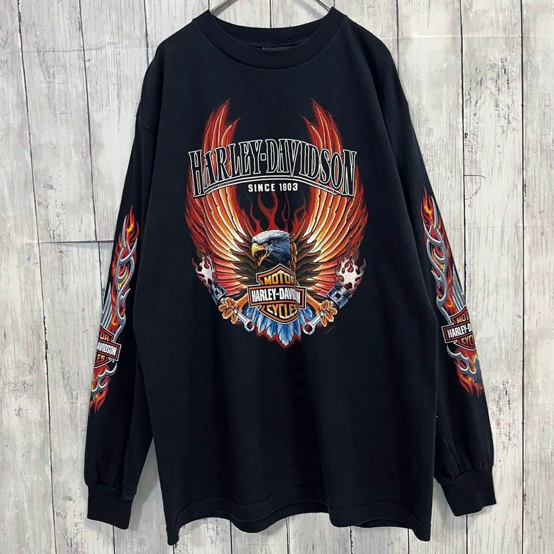 Harley Davidson(ハーレーダビッドソン)のアメリカ古着　ハーレーダビットソン長袖ファイヤーパターンバックプリントTシャツ黒 メンズのトップス(Tシャツ/カットソー(七分/長袖))の商品写真