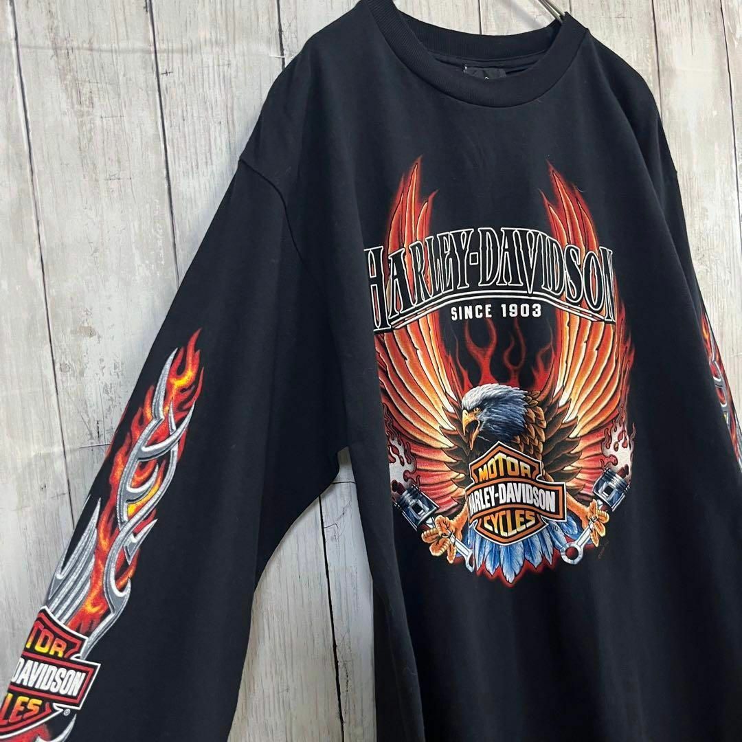 Harley Davidson(ハーレーダビッドソン)のアメリカ古着　ハーレーダビットソン長袖ファイヤーパターンバックプリントTシャツ黒 メンズのトップス(Tシャツ/カットソー(七分/長袖))の商品写真