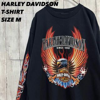 ハーレーダビッドソン(Harley Davidson)のアメリカ古着　ハーレーダビットソン長袖ファイヤーパターンバックプリントTシャツ黒(Tシャツ/カットソー(七分/長袖))