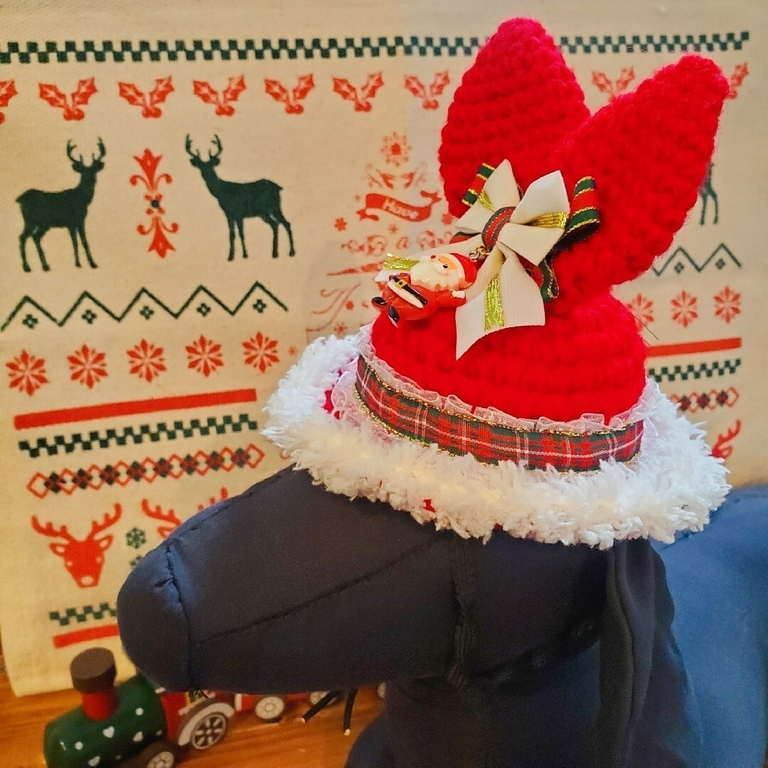 【送料無料】クリスマス うさ耳 帽子 ハンドメイドのペット(ペット服/アクセサリー)の商品写真