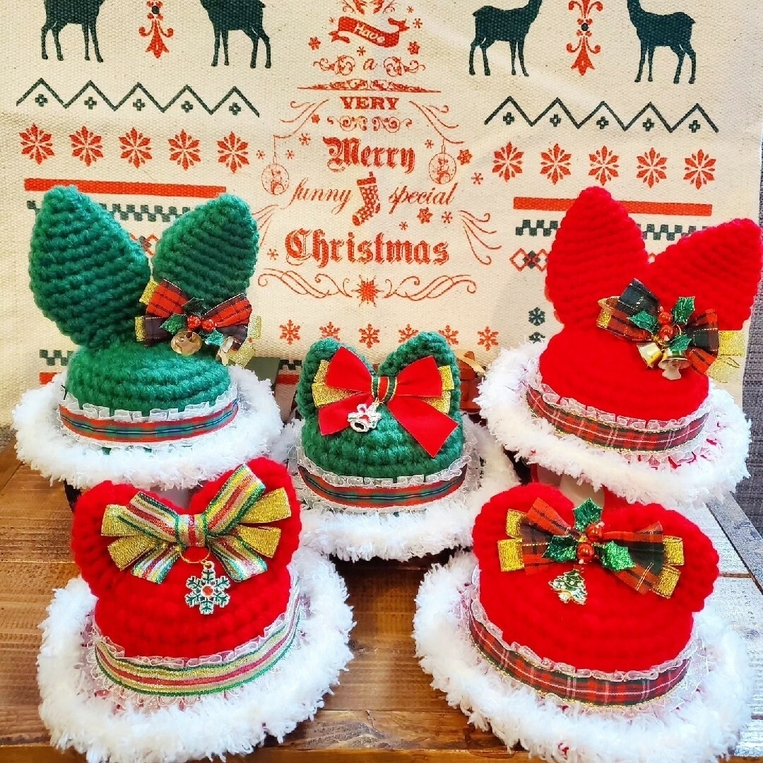 【送料無料】クリスマス うさ耳 帽子 ハンドメイドのペット(ペット服/アクセサリー)の商品写真