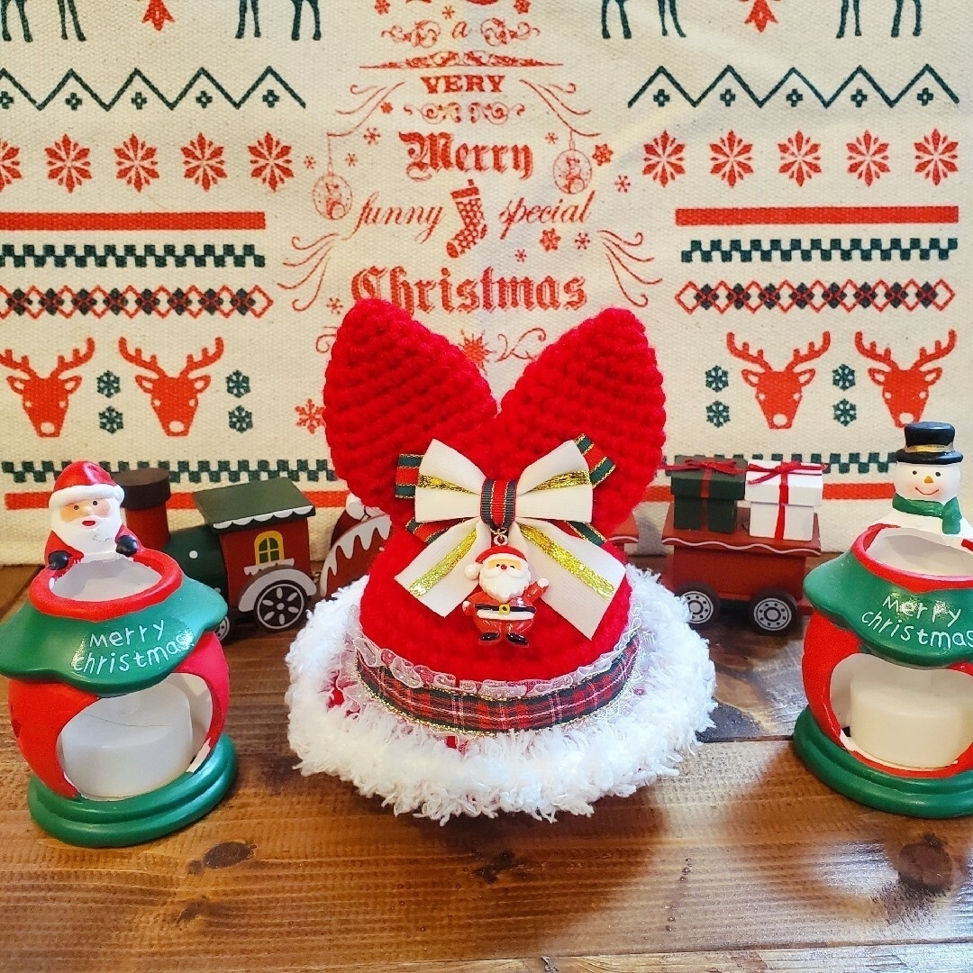 【送料無料】クリスマス うさ耳 帽子 ハンドメイドのペット(ペット服/アクセサリー)の商品写真