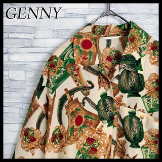 【希少】GENNY☆高級感ある総柄デザインシャツブラウス　L-XL相当　ゴールド