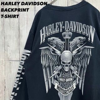 ハーレーダビッドソン(Harley Davidson)のアメリカ古着　ハーレーダビットソン長袖ドクロバックプリントTシャツ　サイズM 黒(Tシャツ/カットソー(七分/長袖))