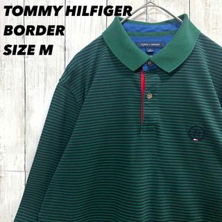 トミーヒルフィガー(TOMMY HILFIGER)のアメリカ古着　トミーヒルフィガー刺繍ロゴ長袖天竺ボーダーポロシャツ　サイズM緑紺(ポロシャツ)