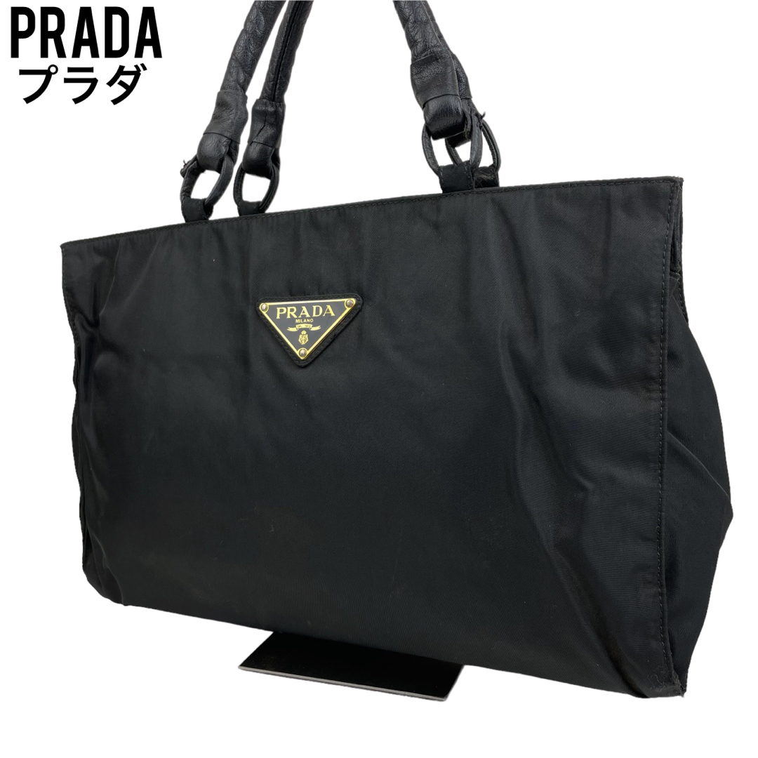 Whiteshop✨良品　PRADA プラダ　ハンドバッグ　ブラック　ナイロン　チェーン　手提げ