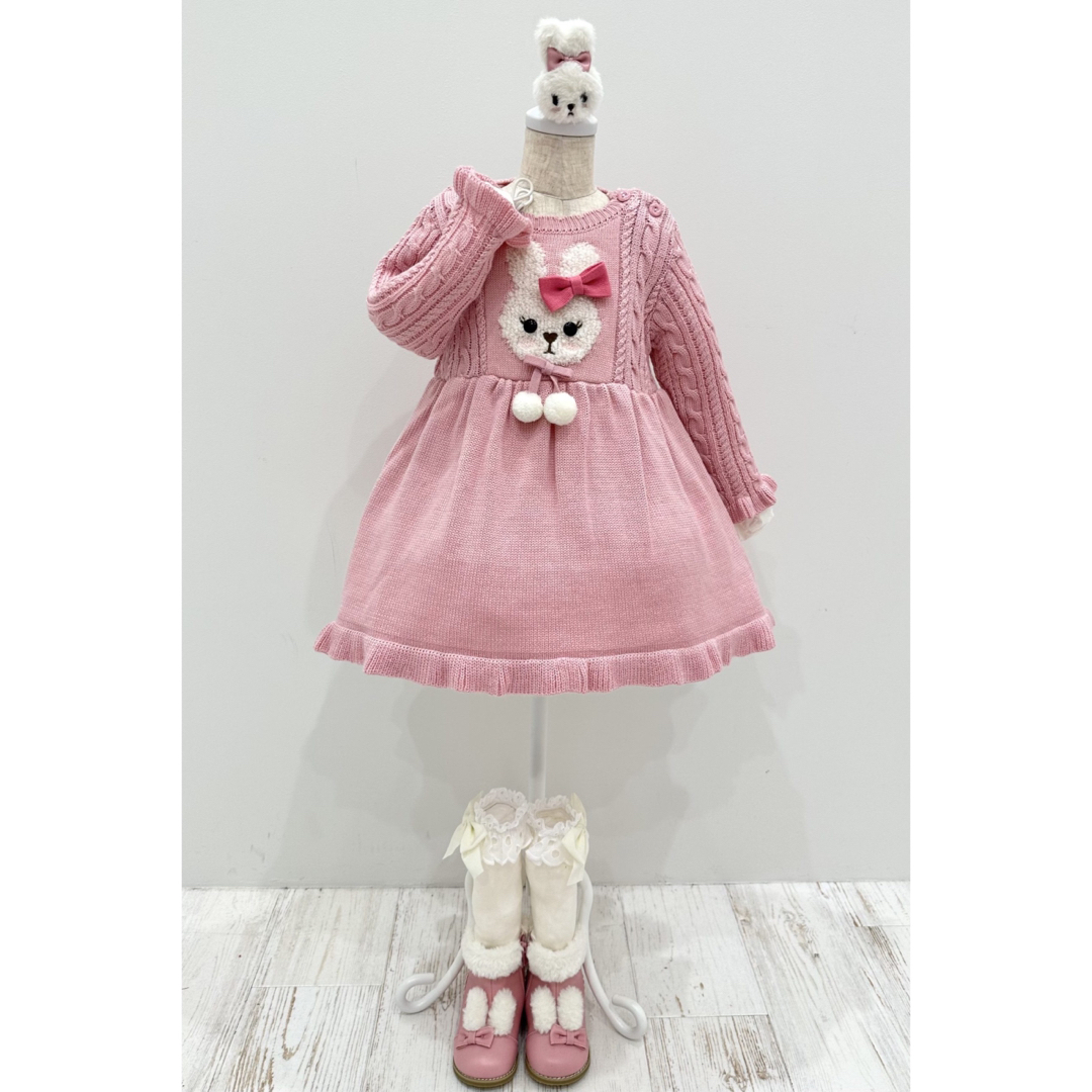 うさぎリボンポンポンニットワンピースキッズ服女の子用(90cm~)