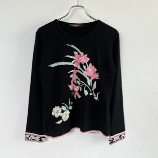 美品 大きいサイズ】LEONARD カシミヤ×シルク 花柄 ニット XL 黒ninaの