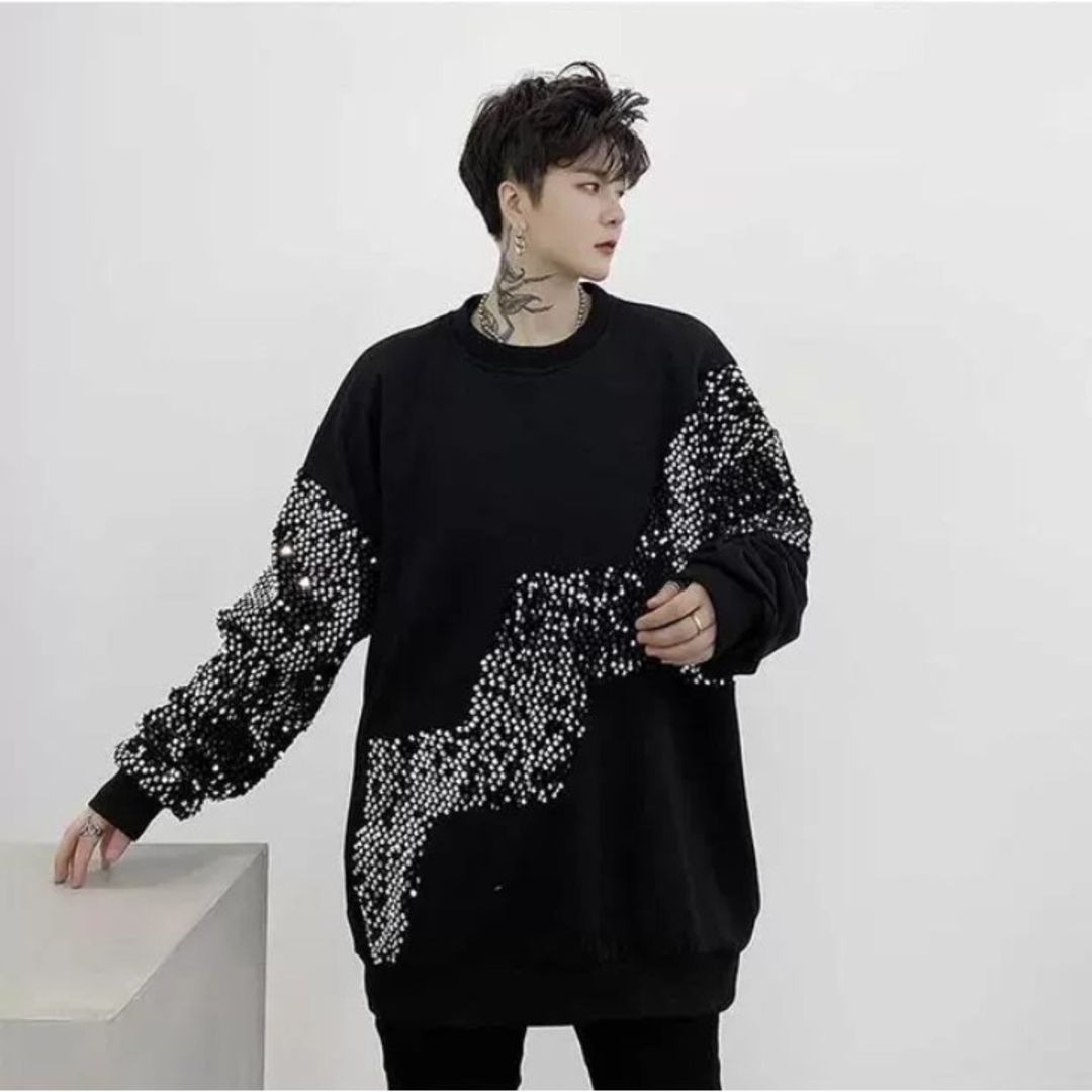 メンズ　パーカー　長袖　韓国　デザイン　黒　グレイ　模様　美形　カジュアル メンズのトップス(Tシャツ/カットソー(七分/長袖))の商品写真