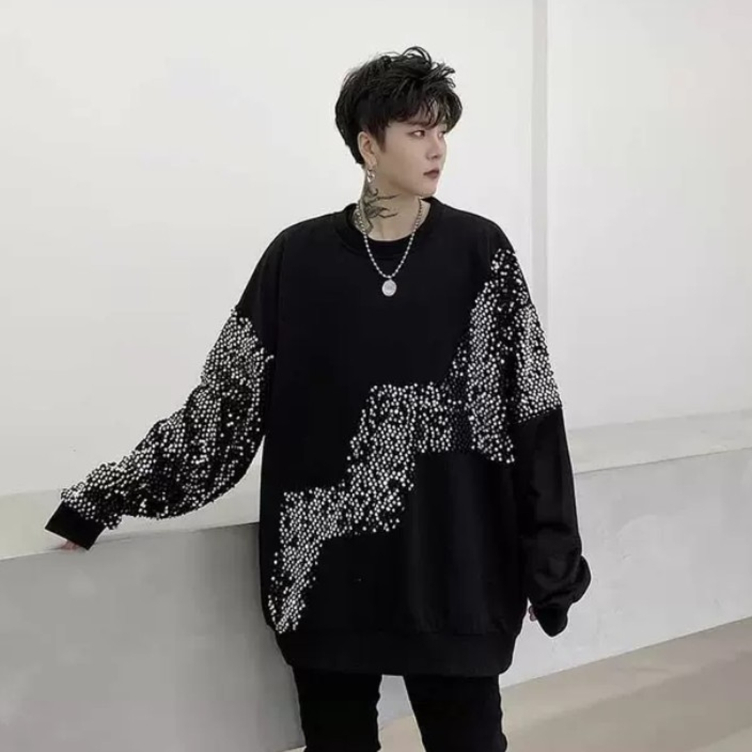 メンズ　パーカー　長袖　韓国　デザイン　黒　グレイ　模様　美形　カジュアル メンズのトップス(Tシャツ/カットソー(七分/長袖))の商品写真