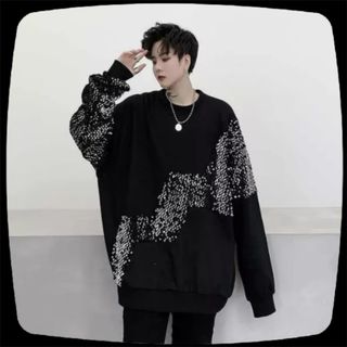 メンズ　パーカー　長袖　韓国　デザイン　黒　グレイ　模様　美形　カジュアル(Tシャツ/カットソー(七分/長袖))