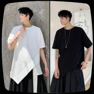 メンズ　デザイン　非対称　韓国　半袖　シャツ　黒　クール　シンプル　白　ビック(Tシャツ/カットソー(半袖/袖なし))