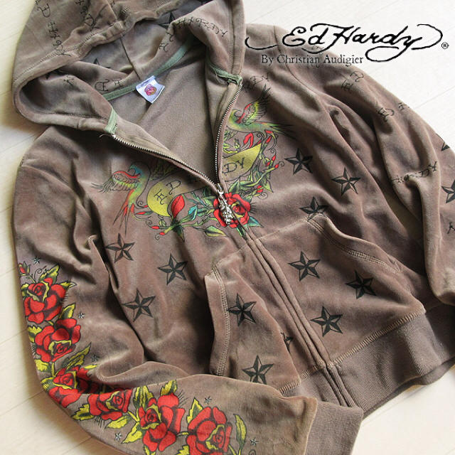 Ed Hardy(エドハーディー)の美品 Mサイズ エドハーディー ジップパーカー ブラウン レディースのトップス(パーカー)の商品写真