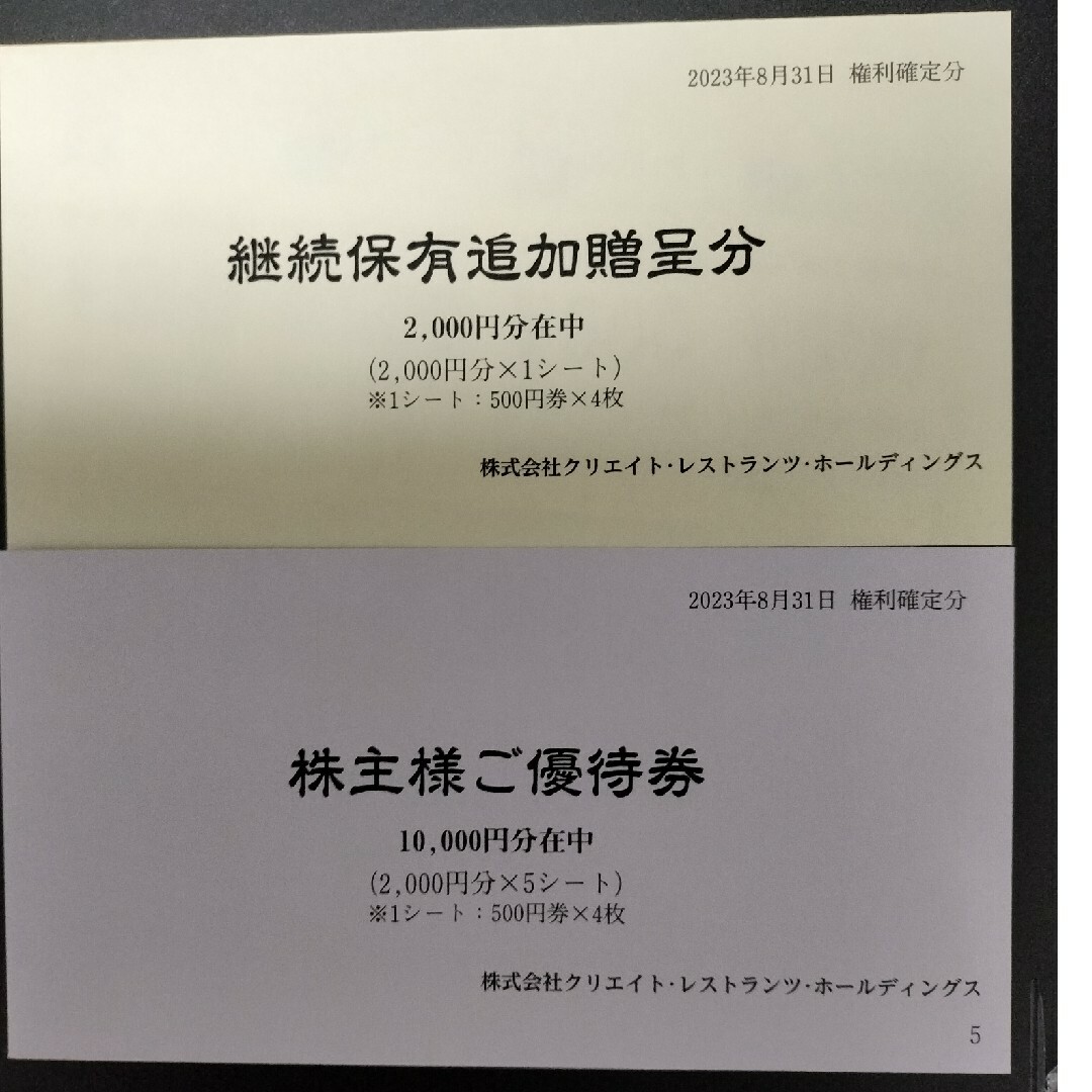 品質一番の 12000円分レストラン/食事券 クリエイトレストランツ株主