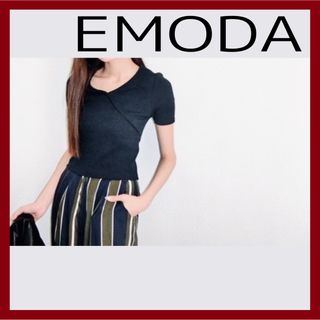 エモダ(EMODA)のEMODA エモダ Vネック半袖ニットトップスカットソー 紺ネイビー 秋(ニット/セーター)