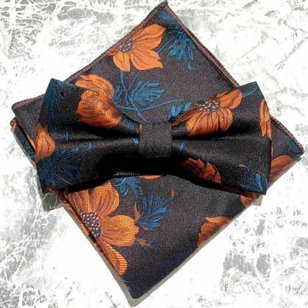 ○蝶ネクタイ ポケットチーフ オレンジ ブラック  メンズ 新郎　結婚式　L8 メンズのファッション小物(ネクタイ)の商品写真