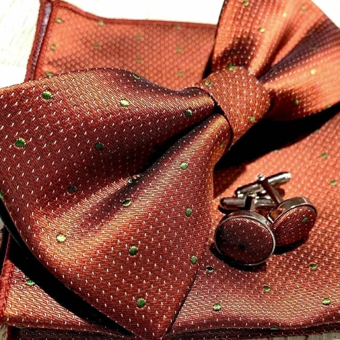 蝶ネクタイ　チーフ カフス ブラウン オレンジ　ボウタイ　ドット　結婚式　Je3 メンズのファッション小物(ネクタイ)の商品写真