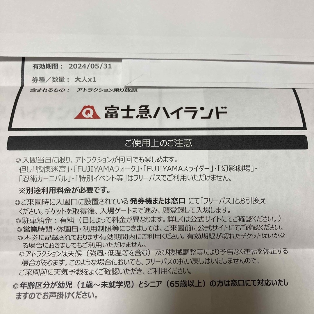 富士急ハイランド フリーパス大人2名小人1名チケット有効期間2024/05