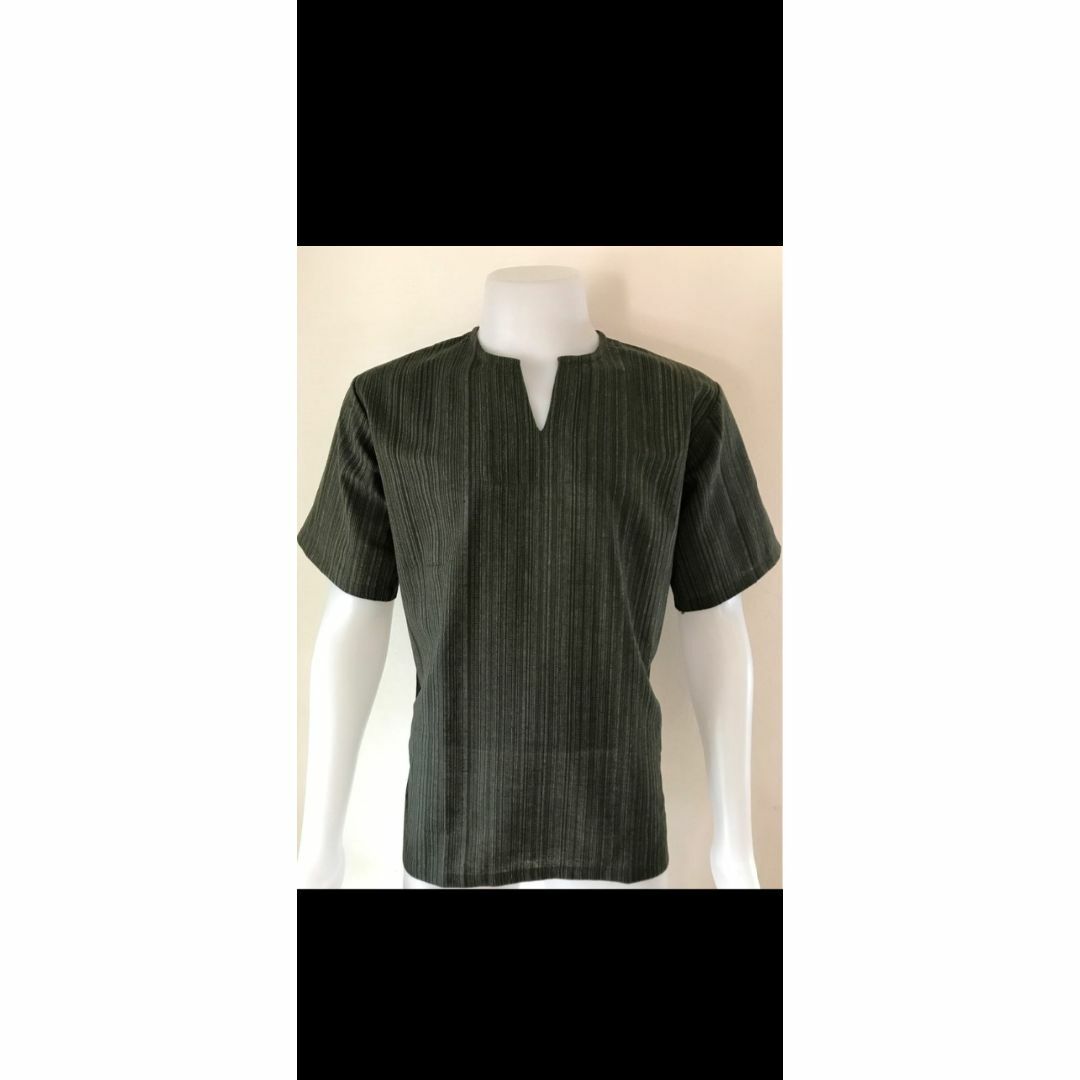 エスニック アジアン Tシャツ Vネック 半袖 シンプル ダイダイ カーキ XL レディースのトップス(Tシャツ(半袖/袖なし))の商品写真