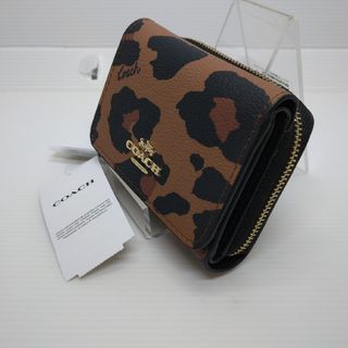 sale　新品 コーチ 三ツ折財布 レオパード柄 Coach 正規品　ショッパー