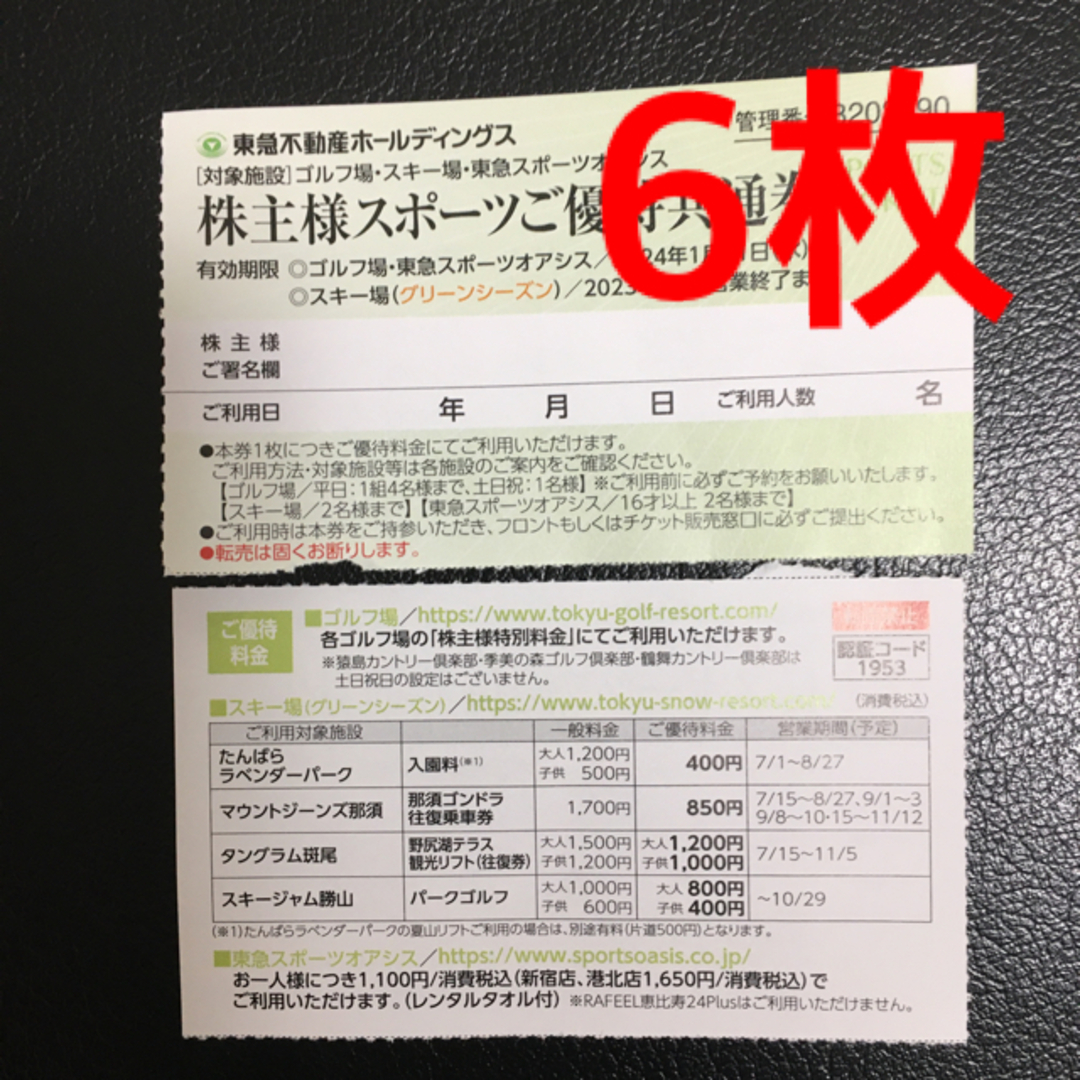 ★東急不動産株主優待 6枚★東急スポーツオアシス チケットの施設利用券(フィットネスクラブ)の商品写真