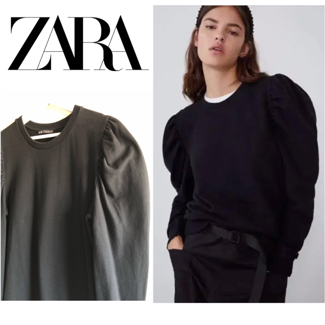 ZARA(ザラ)のZARA ザラ  パフスリーブスエット 黒 S ボリュームスリーブ レディースのトップス(トレーナー/スウェット)の商品写真