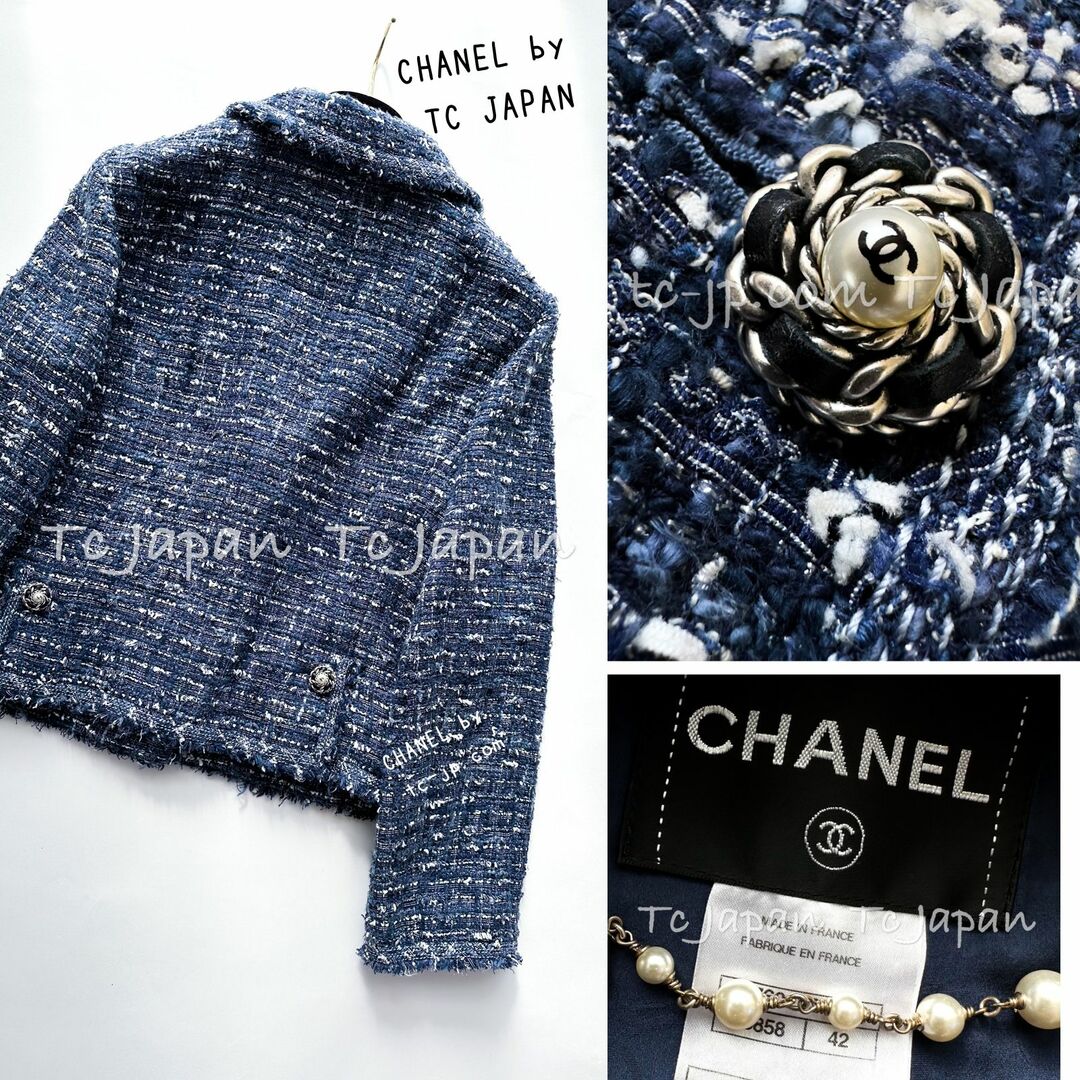 CHANEL(シャネル)の美品 シャネル CHANEL ブルー・ネイビー・パール レザーCCボタン・ルサージュ・ツイード・ジャケット 42 レディースのジャケット/アウター(テーラードジャケット)の商品写真