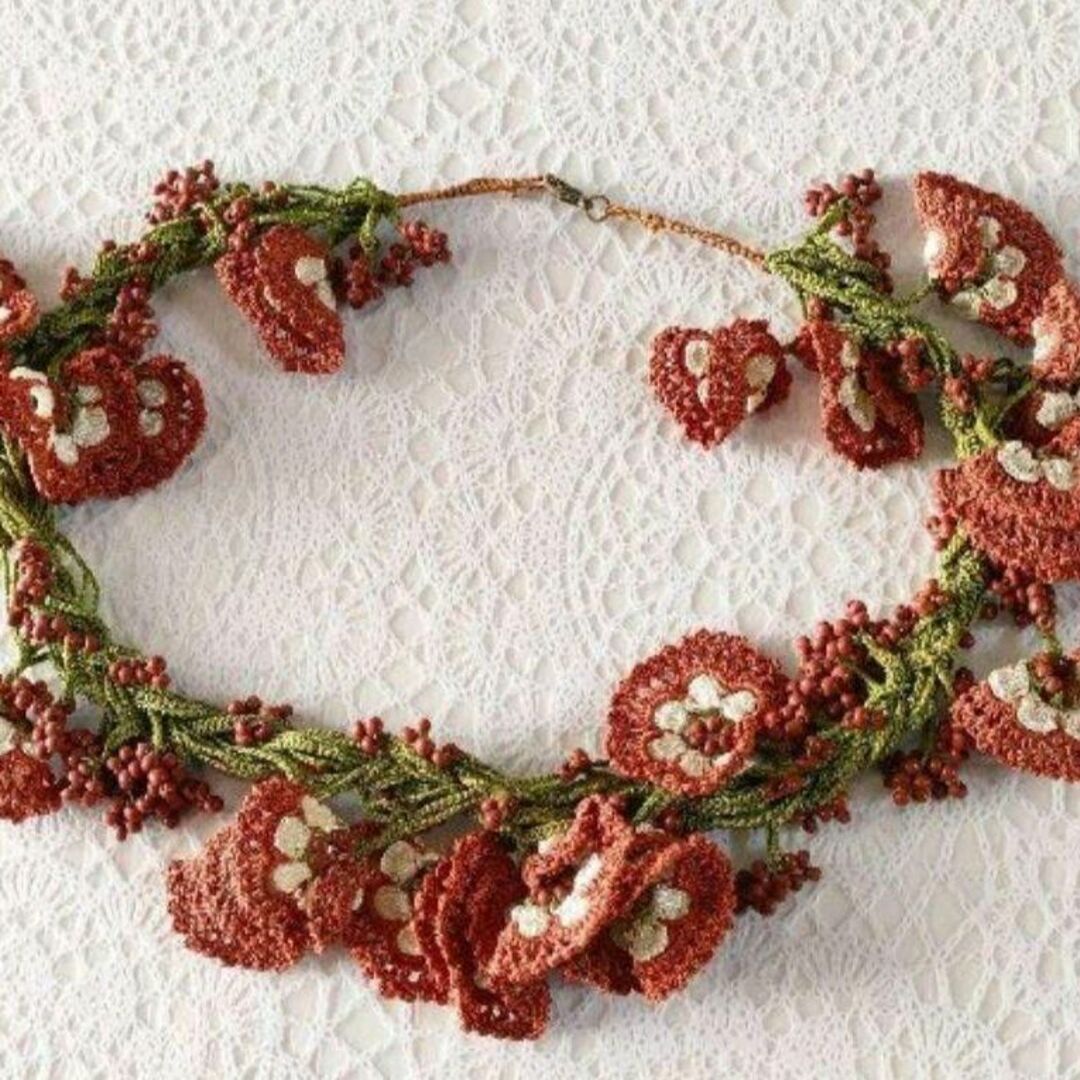 o17-34　トルコ伝統手芸　 ハンドメイド　オヤ刺繍　ネックレス　ブラウン レディースのアクセサリー(ネックレス)の商品写真