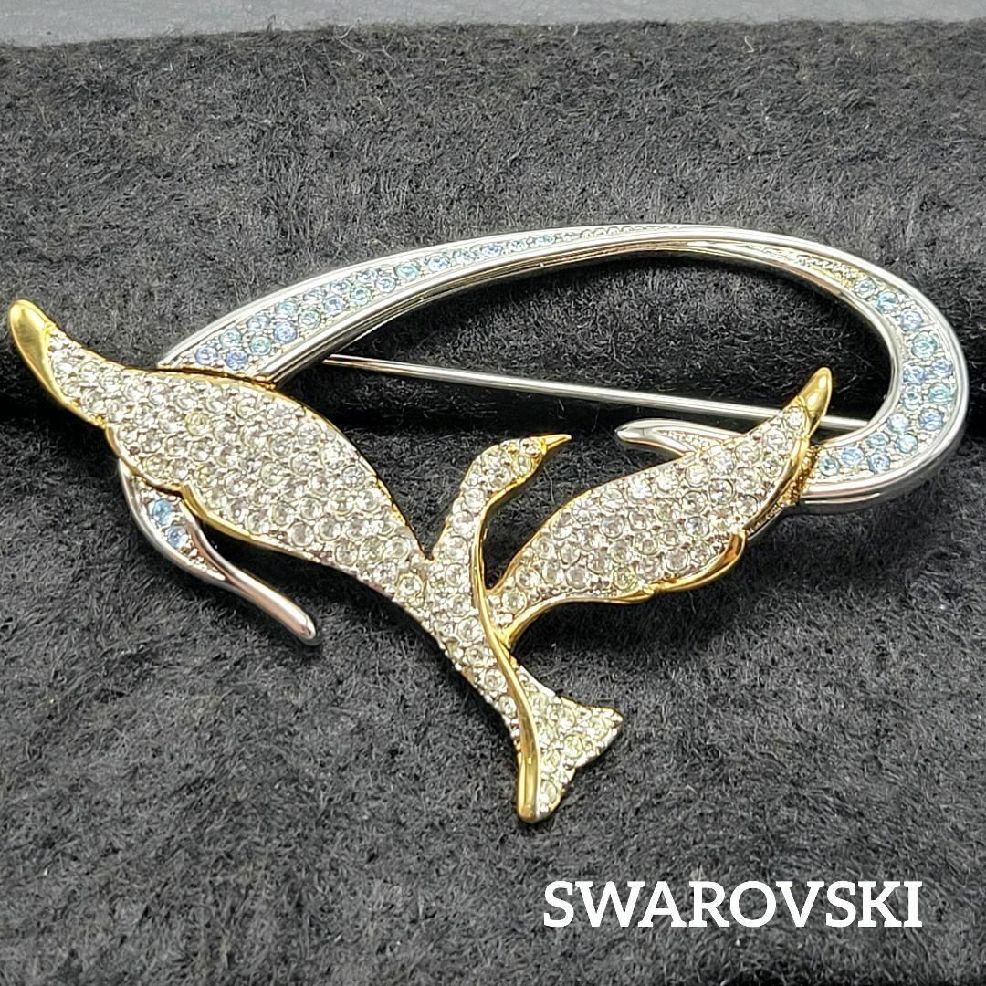 ブレスレット/バングル【美品】SWAROVSKI ブローチ 大ぶり スワン ゴールド シルバー