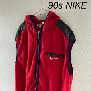 ナイキ(NIKE)の90sNIKEナイキフリースベスト赤レッドメンズパーカーフード付(ナイロンジャケット)