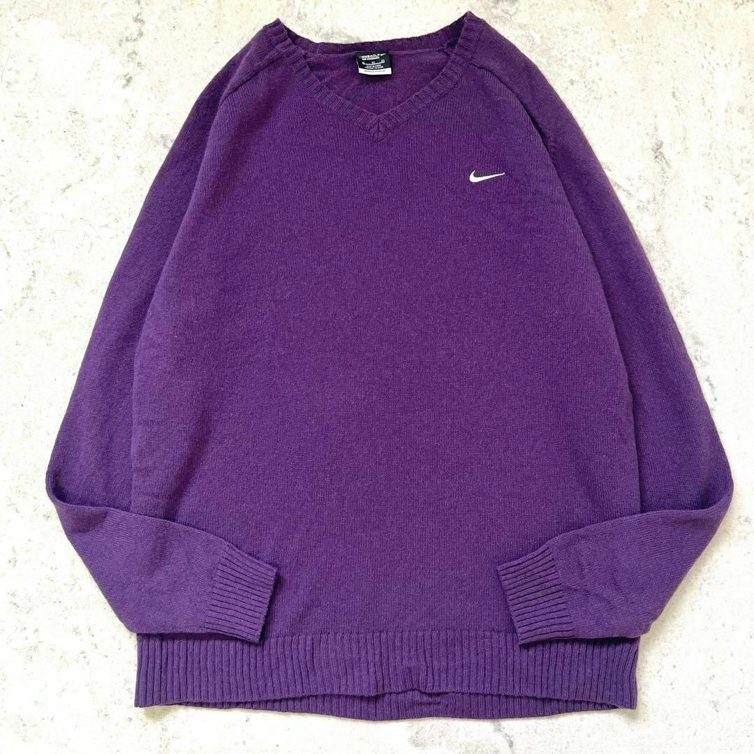 【レア】ナイキ ゴルフ XLサイズ刺繍ロゴ ウール ニット セーター 紫パープルのサムネイル