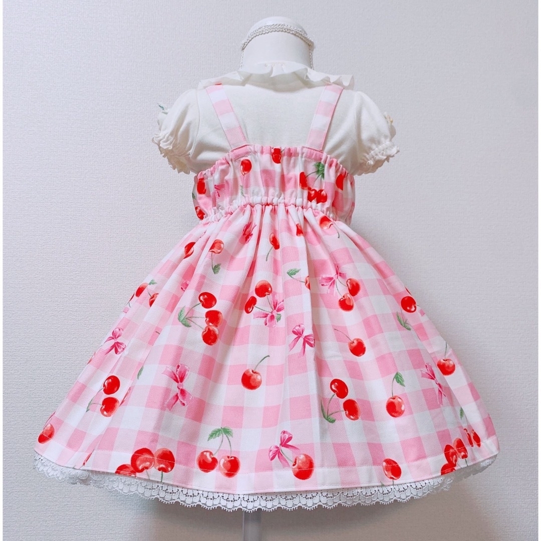 ハンドメイドワンピース　90㎝　チェリーチェックピンク キッズ/ベビー/マタニティのキッズ服女の子用(90cm~)(ワンピース)の商品写真