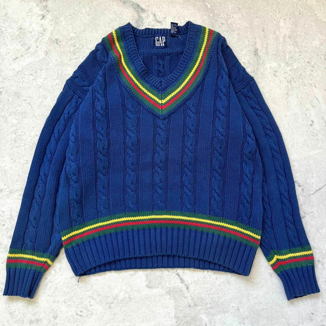 GAP(ギャップ)の【90s オールドギャップ】綿コットン アラン編み チルデンニットOldgap青 メンズのトップス(ニット/セーター)の商品写真