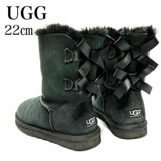 アグ(UGG)の極美品✨アグ 22㎝ ムートンブーツ ベイリーボウ II リボン シープスキン黒(ブーツ)